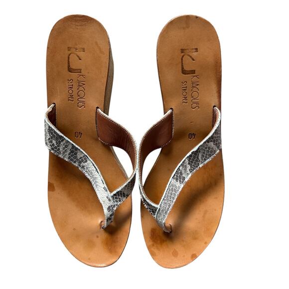 K Jacques St. Tropez Python Print Leather Cork Wedge Thong Sandal Size 40 (US 9) - Picture 1 of 7